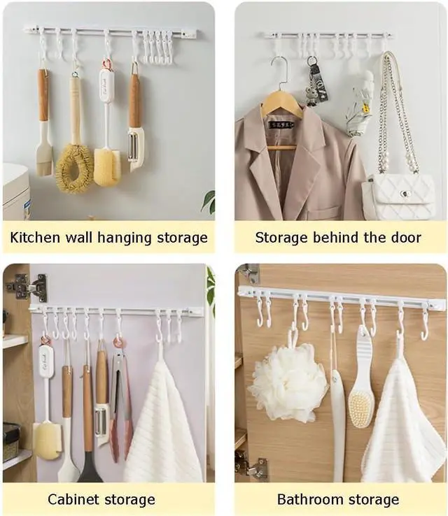 Alt view image 5 of 6 - OULIGET Utility Slide Rail Hook,Under Cabinet Kitchen No Punching Hooks for Hanging Utensil,Bathroom Bedroom Office Wall Door Rack with 10 Hooks,15.7 and 11.8 Inches,2Pieces