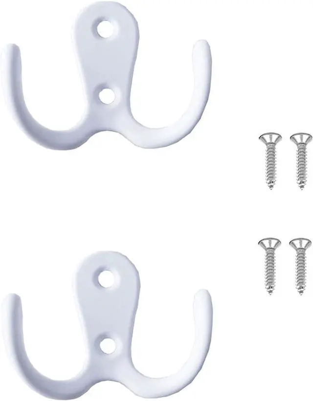 Main image of 2 Pcs Double Prong Robe Hooks, Dual Coat Hooks Wall Mounted Hanging Clothes for Bathroom Bedroom Door Wall Retro Metal Cloth Hanger Double Coat Hooks with 4 Screws (White)
