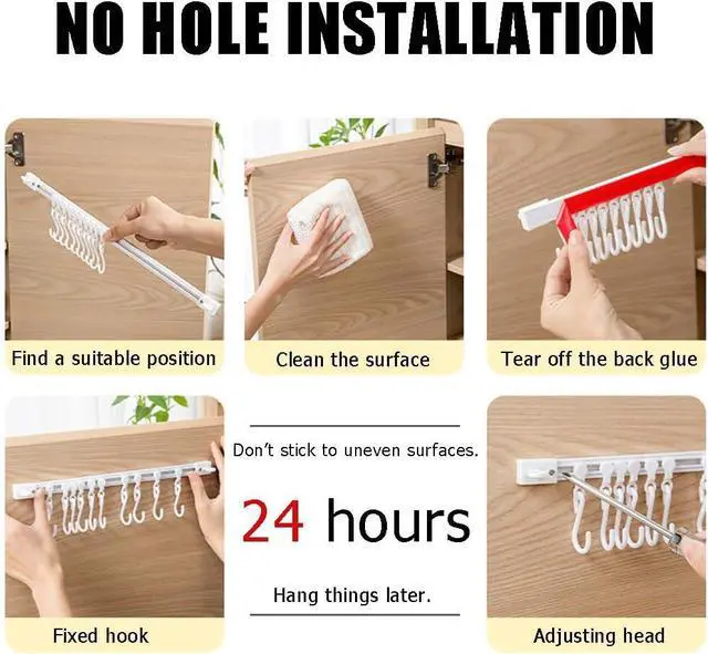 Alt view image 6 of 6 - OULIGET Utility Slide Rail Hook,Under Cabinet Kitchen No Punching Hooks for Hanging Utensil,Bathroom Bedroom Office Wall Door Rack with 10 Hooks,15.7 and 11.8 Inches,2Pieces