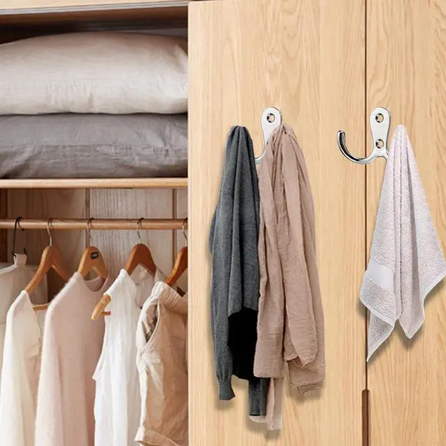 Alt view image 4 of 6 - 2 Pcs Double Prong Robe Hooks, Dual Coat Hooks Wall Mounted Hanging Clothes for Bathroom Bedroom Door Wall Retro Metal Cloth Hanger Double Coat Hooks with 4 Screws (White)