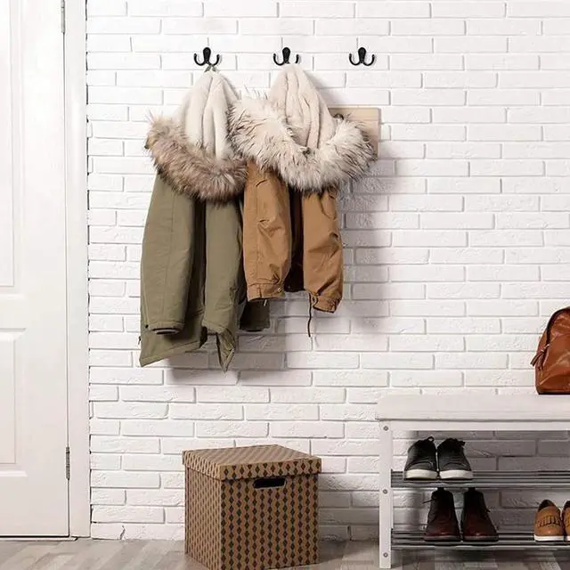 Alt view image 5 of 6 - 2 Pcs Double Prong Robe Hooks, Dual Coat Hooks Wall Mounted Hanging Clothes for Bathroom Bedroom Door Wall Retro Metal Cloth Hanger Double Coat Hooks with 4 Screws (White)