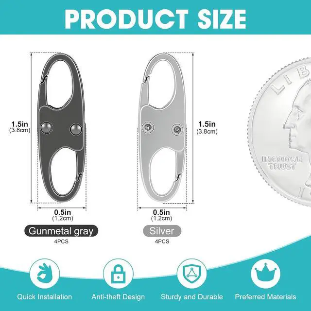 Alt view image 2 of 7 - 8 Pcs Anti-Theft Small Carabiner Clip, Double Opening Zipper Pull Replacement, Elegant Zinc Alloy Zipper Clips for Backpacks, Luggage, Duffel Bags, Travel Essentials - 4 Silver & 4 Gunmetal
