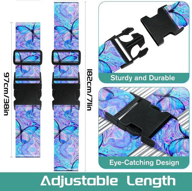 Alt view image 2 of 7 - Slohif Luggage Straps for Suitcases Travel Belt Accessories Luggage Connector Identifiers 2 Pack Over Handle with Buckle Unique Nylon Adjustable Strap for Sleeping Bag Car Seat Butterfly