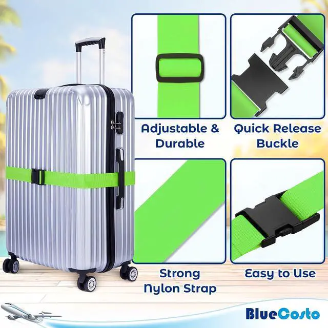 Alt view image 2 of 7 - Luggage Straps for Suitcases - TSA Approved - Neon Green, 4 PK - Premium Nylon Belts for Suitcase, Briefcase & Travel Bag - Adjustable Strap Length 46" - 78"