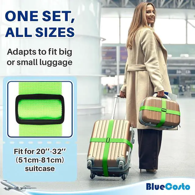 Alt view image 3 of 7 - Luggage Straps for Suitcases - TSA Approved - Neon Green, 4 PK - Premium Nylon Belts for Suitcase, Briefcase & Travel Bag - Adjustable Strap Length 46" - 78"