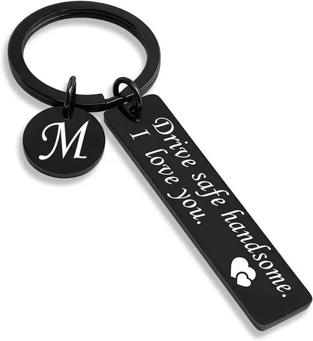 Main image of OUMILAN Drive Safe Handsome I Love You Keychain for Boyfriend | Stainless Steel Keychain with Engraved A-Z Initial Letter Pendant