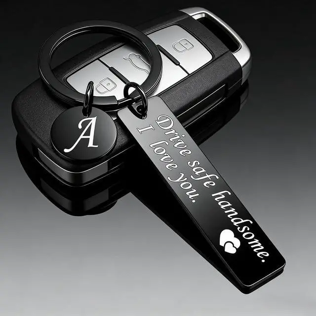 Alt view image 2 of 6 - OUMILAN Drive Safe Handsome I Love You Keychain for Boyfriend | Stainless Steel Keychain with Engraved A-Z Initial Letter Pendant