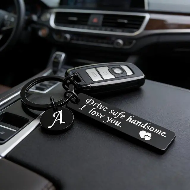 Alt view image 3 of 6 - OUMILAN Drive Safe Handsome I Love You Keychain for Boyfriend | Stainless Steel Keychain with Engraved A-Z Initial Letter Pendant