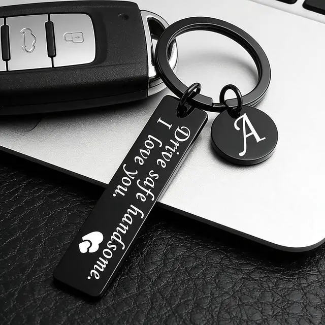 Alt view image 4 of 6 - OUMILAN Drive Safe Handsome I Love You Keychain for Boyfriend | Stainless Steel Keychain with Engraved A-Z Initial Letter Pendant
