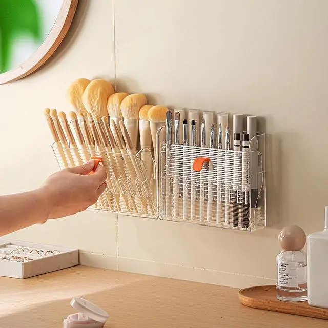 Main image of Wall-Mounted Makeup Eyeliner Lip Liner Organizer Holder, 16-Slot Cabinet Storage for Brush, Makeup Pencils, Concealer Pencil Display Case for Vanity Bathroom, Clear