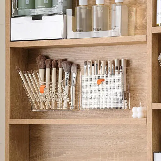 Alt view image 2 of 7 - Wall-Mounted Makeup Eyeliner Lip Liner Organizer Holder, 16-Slot Cabinet Storage for Brush, Makeup Pencils, Concealer Pencil Display Case for Vanity Bathroom, Clear