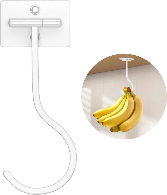 Main image of Banana Hook Under Cabinet Adhesive, Under Counter Banana Hanger, White | Foldable Banana hook, Metal Banana Holder, Hold 20 Bananas, Space-Saving Design, Folding with Magnets When Not in Use