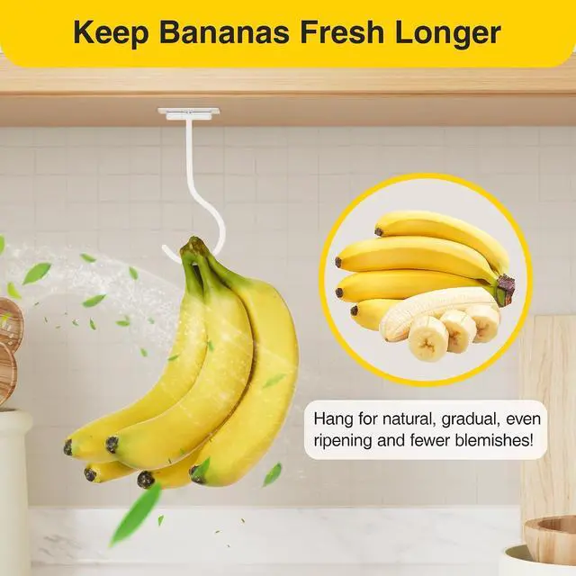 Alt view image 3 of 7 - Banana Hook Under Cabinet Adhesive, Under Counter Banana Hanger, White | Foldable Banana hook, Metal Banana Holder, Hold 20 Bananas, Space-Saving Design, Folding with Magnets When Not in Use