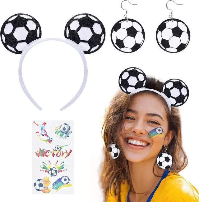 Main image of Soccer Fan Accessories Set for Adults, Soccer Bow Headband, Soccer Ball Earrings, Tattoos and Cheer Wand for Game Day