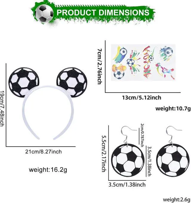 Alt view image 2 of 7 - Soccer Fan Accessories Set for Adults, Soccer Bow Headband, Soccer Ball Earrings, Tattoos and Cheer Wand for Game Day