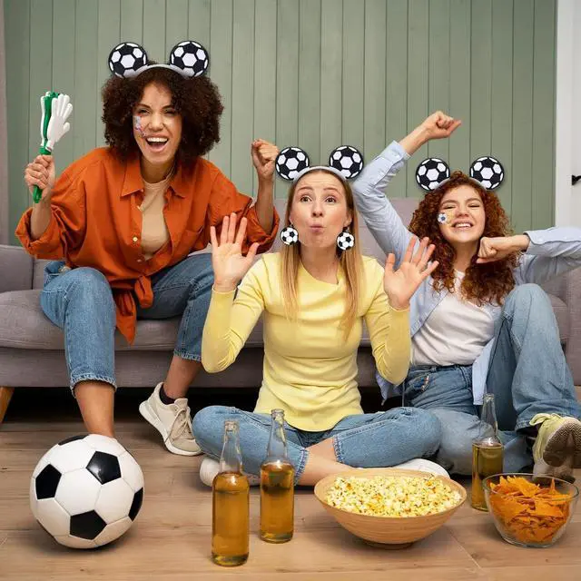 Alt view image 5 of 7 - Soccer Fan Accessories Set for Adults, Soccer Bow Headband, Soccer Ball Earrings, Tattoos and Cheer Wand for Game Day
