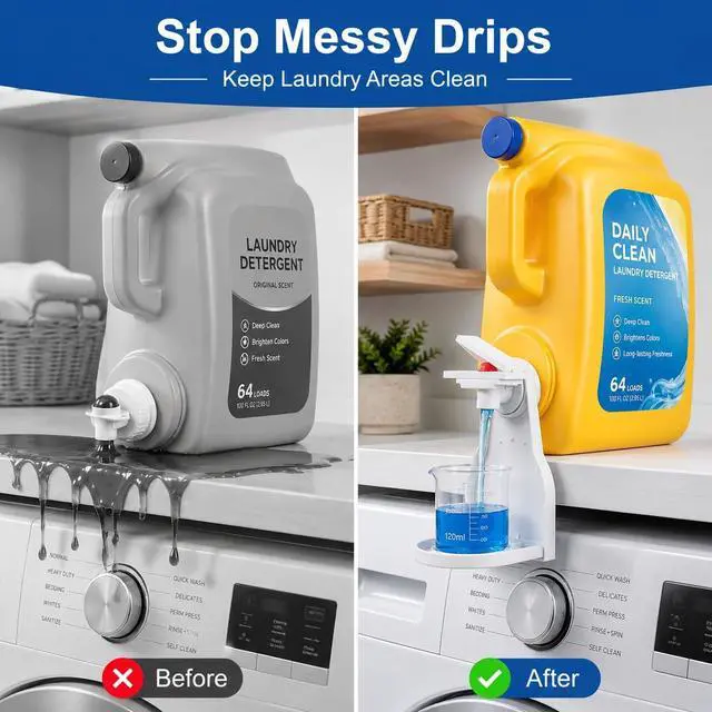 Alt view image 2 of 7 - Laundry Detergent Dispenser Cup Holder, No Drip Laundry Detergent Holder with Easy Press Nozzle Switch, Laundry Cup Holder and Drip Tray for Liquid Detergent Dispenser, Laundry Room Organization