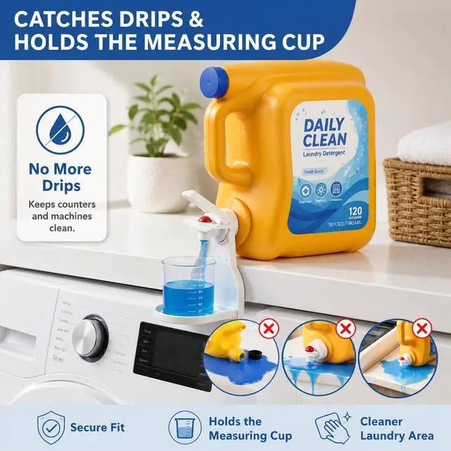 Alt view image 3 of 7 - Laundry Detergent Dispenser Cup Holder, No Drip Laundry Detergent Holder with Easy Press Nozzle Switch, Laundry Cup Holder and Drip Tray for Liquid Detergent Dispenser, Laundry Room Organization