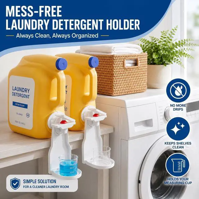 Alt view image 6 of 7 - Laundry Detergent Dispenser Cup Holder, No Drip Laundry Detergent Holder with Easy Press Nozzle Switch, Laundry Cup Holder and Drip Tray for Liquid Detergent Dispenser, Laundry Room Organization