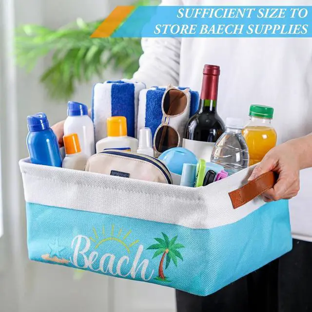 Alt view image 5 of 6 - Beach Pool Storage Basket with Handles Summer Poolside Box Above Ground Pool Bin Waterproof Lining for Swimming Camping Indoor Outdoor Sunblock Accessories 14x10x6.3 in