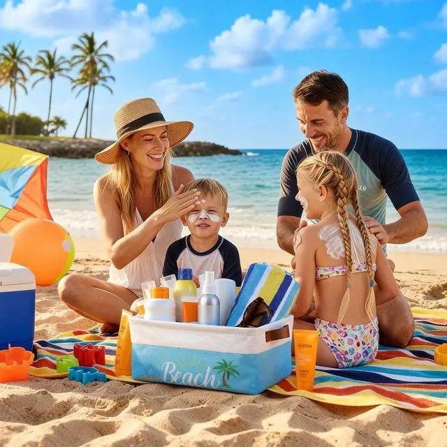 Alt view image 6 of 6 - Beach Pool Storage Basket with Handles Summer Poolside Box Above Ground Pool Bin Waterproof Lining for Swimming Camping Indoor Outdoor Sunblock Accessories 14x10x6.3 in
