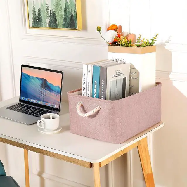 Alt view image 5 of 7 - Storage Bins with Sturdy Cotton Handles(1 Pack), Fabric Storage Baskets for Organizing use for Office & Home, Book, Clothes, Toys, Closet Boxes (Small, Pink, 12.2x8.3x6.3 inches)