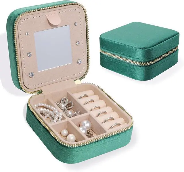Main image of Plush Velvet Travel Jewelry Case Organizer Portable Storage Box | Small Display Storage Box with Mirror for Rings Necklace Bracelet Earrings for Women Girls, Green