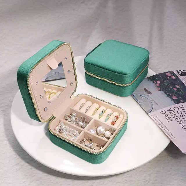 Alt view image 2 of 7 - Plush Velvet Travel Jewelry Case Organizer Portable Storage Box | Small Display Storage Box with Mirror for Rings Necklace Bracelet Earrings for Women Girls, Green