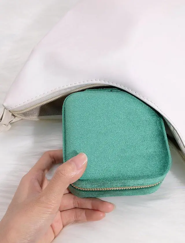 Alt view image 4 of 7 - Plush Velvet Travel Jewelry Case Organizer Portable Storage Box | Small Display Storage Box with Mirror for Rings Necklace Bracelet Earrings for Women Girls, Green