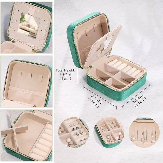 Alt view image 6 of 7 - Plush Velvet Travel Jewelry Case Organizer Portable Storage Box | Small Display Storage Box with Mirror for Rings Necklace Bracelet Earrings for Women Girls, Green