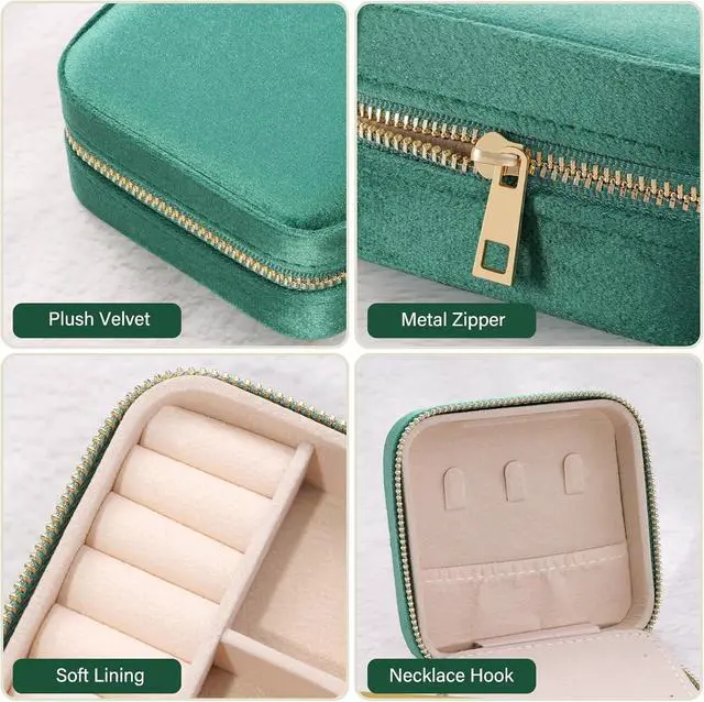 Alt view image 5 of 7 - Plush Velvet Travel Jewelry Case Organizer Portable Storage Box | Small Display Storage Box with Mirror for Rings Necklace Bracelet Earrings for Women Girls, Green