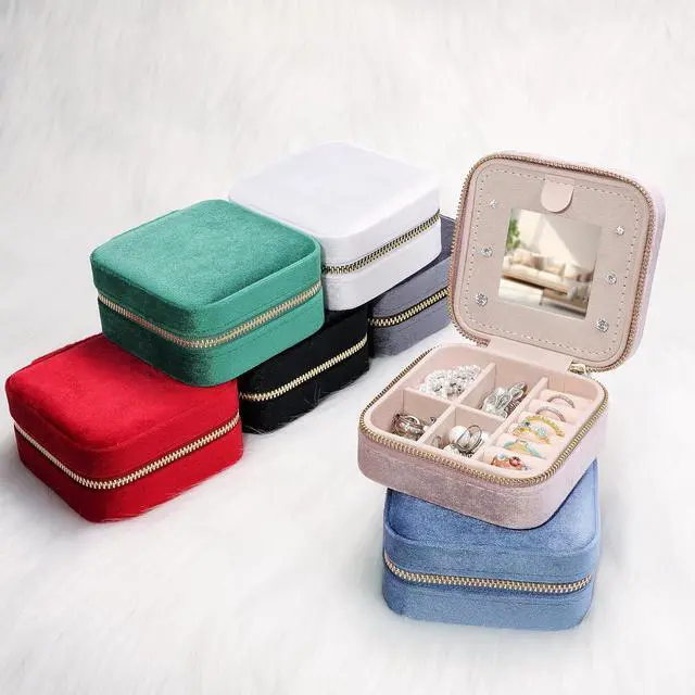 Alt view image 7 of 7 - Plush Velvet Travel Jewelry Case Organizer Portable Storage Box | Small Display Storage Box with Mirror for Rings Necklace Bracelet Earrings for Women Girls, Green
