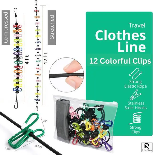Alt view image 2 of 7 - Portable Travel Clothesline with 12 Colorful Clips & Bag, Elastic RV & Camping Clothes Line for Indoor Laundry Drying Line & Outdoor Camping Accessories (Elastic)