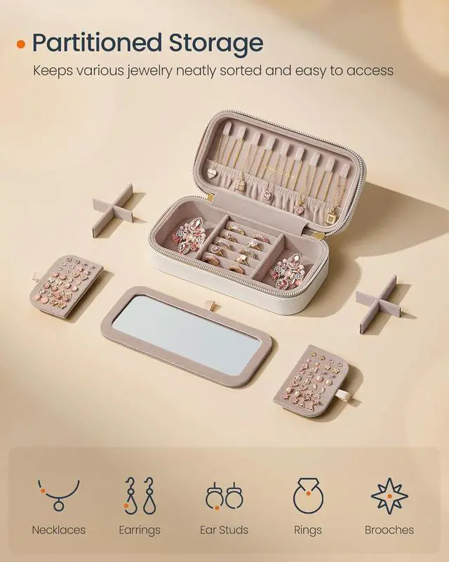 Alt view image 3 of 6 - SONGMICS HOME Travel Jewelry Case, Portable Box Organizer with Mirror | Small Jewelry Box, 8.1 x 4.1 x 2.4 Inches, PU Surface with Stitching, Gift Idea, Cloud White, ANAH Collection UJBC180W01
