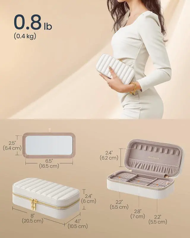 Alt view image 5 of 6 - SONGMICS HOME Travel Jewelry Case, Portable Box Organizer with Mirror | Small Jewelry Box, 8.1 x 4.1 x 2.4 Inches, PU Surface with Stitching, Gift Idea, Cloud White, ANAH Collection UJBC180W01