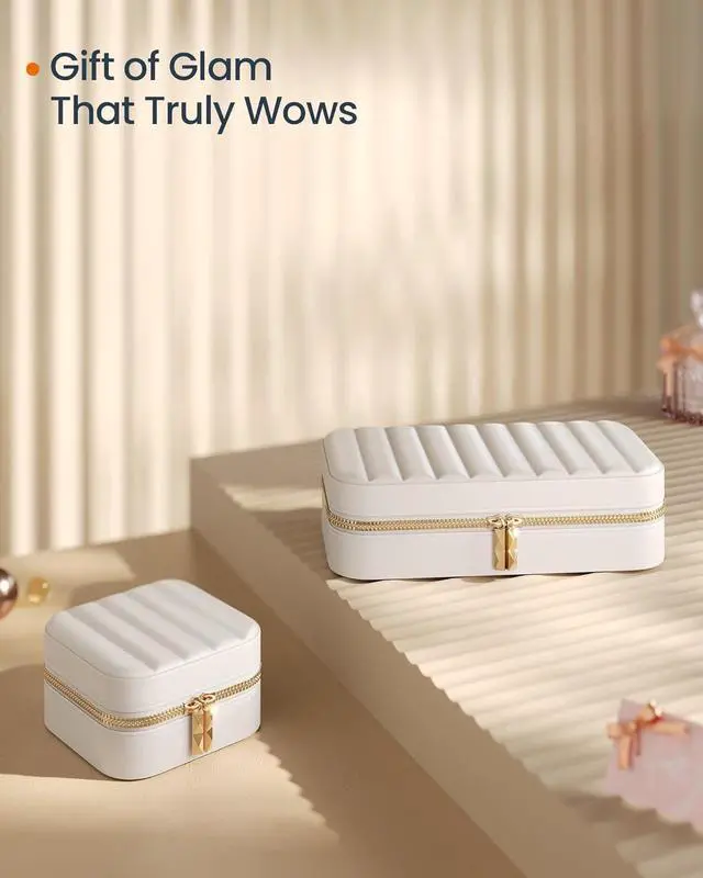 Alt view image 6 of 6 - SONGMICS HOME Travel Jewelry Case, Portable Box Organizer with Mirror | Small Jewelry Box, 8.1 x 4.1 x 2.4 Inches, PU Surface with Stitching, Gift Idea, Cloud White, ANAH Collection UJBC180W01