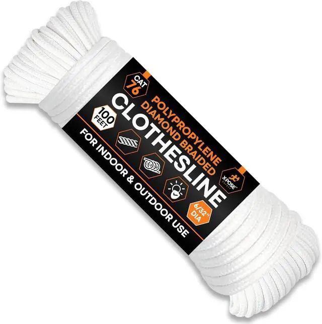 Main image of Xpose Safety Diamond Braided Clothesline Rope 6/32" x 100 ft, White Polypropylene Heavy Duty Braided Cord for Clothesline, Camping, Tents, Flagpole, Hoist, Pulley & Outdoor Use, 1 Pack
