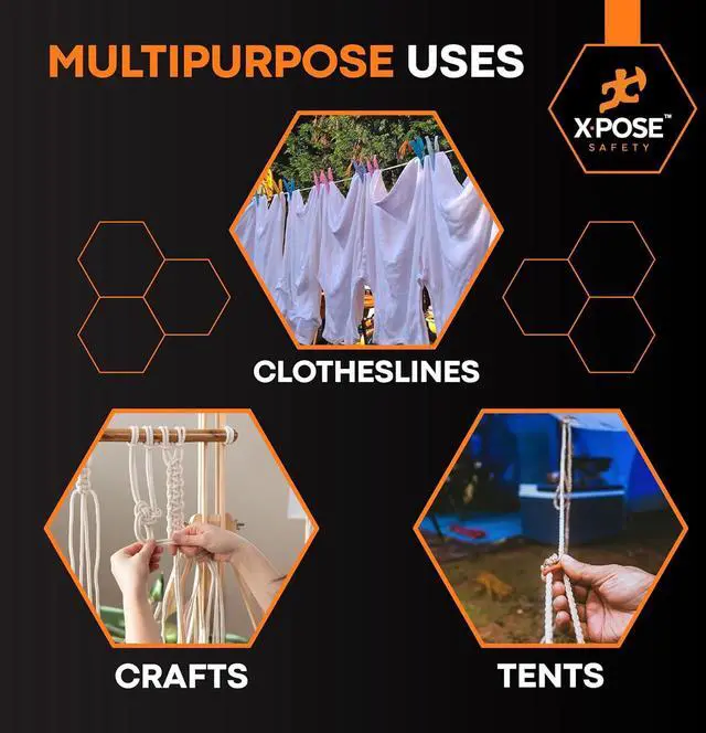 Alt view image 2 of 7 - Xpose Safety Diamond Braided Clothesline Rope 6/32" x 100 ft, White Polypropylene Heavy Duty Braided Cord for Clothesline, Camping, Tents, Flagpole, Hoist, Pulley & Outdoor Use, 1 Pack