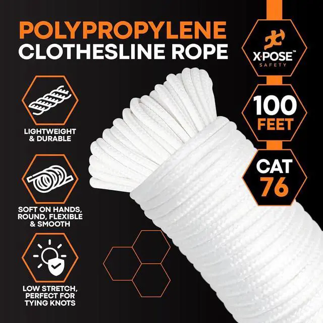 Alt view image 3 of 7 - Xpose Safety Diamond Braided Clothesline Rope 6/32" x 100 ft, White Polypropylene Heavy Duty Braided Cord for Clothesline, Camping, Tents, Flagpole, Hoist, Pulley & Outdoor Use, 1 Pack