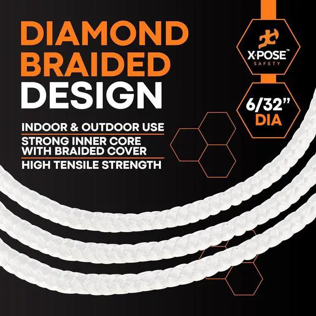 Alt view image 4 of 7 - Xpose Safety Diamond Braided Clothesline Rope 6/32" x 100 ft, White Polypropylene Heavy Duty Braided Cord for Clothesline, Camping, Tents, Flagpole, Hoist, Pulley & Outdoor Use, 1 Pack