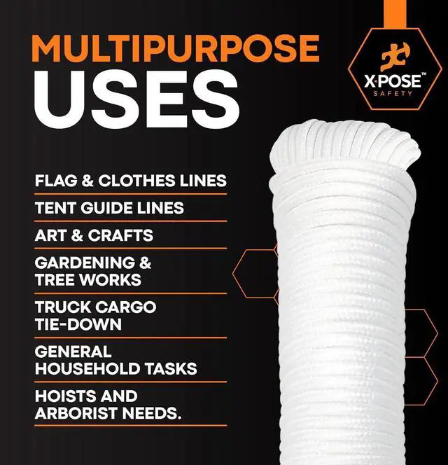 Alt view image 7 of 7 - Xpose Safety Diamond Braided Clothesline Rope 6/32" x 100 ft, White Polypropylene Heavy Duty Braided Cord for Clothesline, Camping, Tents, Flagpole, Hoist, Pulley & Outdoor Use, 1 Pack