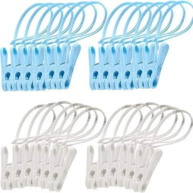 Alt view image 2 of 5 - 24Pcs Clothes Pins with Plastic Rope, Clothesline Drying Clothing Clips | Clothes Pins for Photo Craft Painting Display, 12pcs Blue 12pcs White