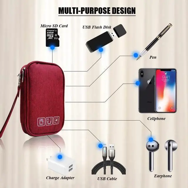 Alt view image 6 of 7 - Electronic Organizer Bag Cable Organizer Travel Cord Organizer Case Pouch Portable Carrying Case for Charger Hard Drive Earphone USB SD Card (Red)