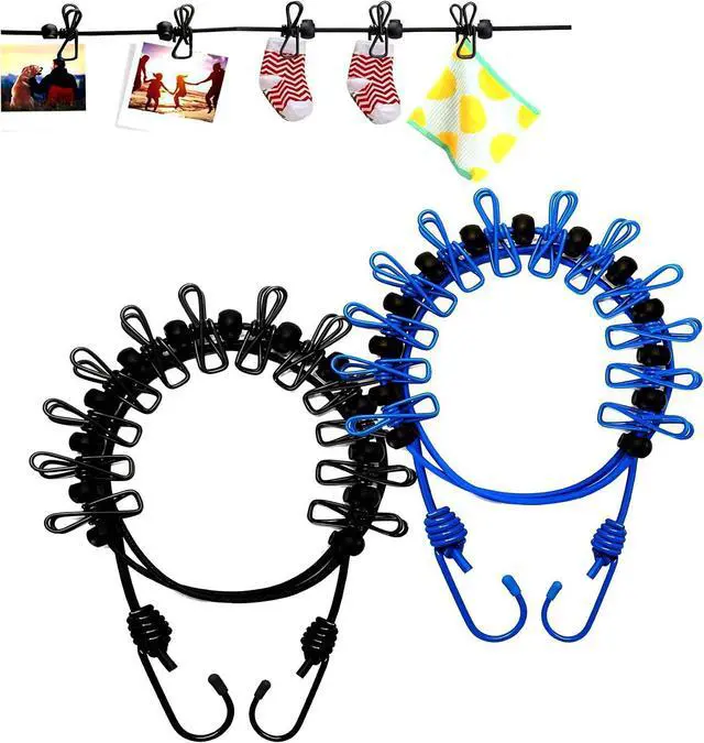 Main image of 2 Pack Portable Clothesline with 12 Clothespins, Travel Clothesline Stretchy Retractable Elastic Laundry Clothes Line for Backyard, Vacation Hotel, Balcony Clothes Drying Line (Black+Blue)
