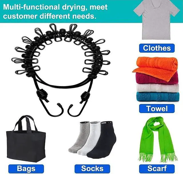 Alt view image 2 of 7 - 2 Pack Portable Clothesline with 12 Clothespins, Travel Clothesline Stretchy Retractable Elastic Laundry Clothes Line for Backyard, Vacation Hotel, Balcony Clothes Drying Line (Black+Blue)