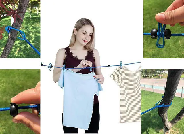 Alt view image 6 of 7 - 2 Pack Portable Clothesline with 12 Clothespins, Travel Clothesline Stretchy Retractable Elastic Laundry Clothes Line for Backyard, Vacation Hotel, Balcony Clothes Drying Line (Black+Blue)