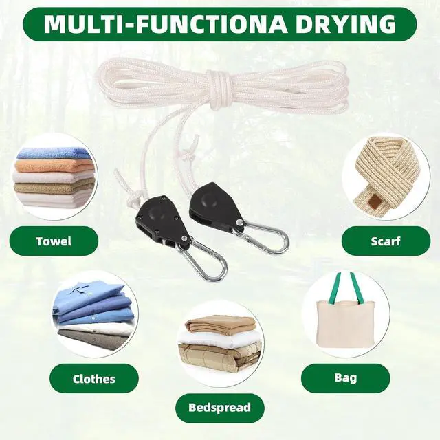 Alt view image 4 of 6 - Retractable Travel Clothesline, Heavy Duty Clothes Line Rope with Adjustable Pulley and Carabiner Rope for Outdoor Camping Indoor Home Travel Clothes Drying 16.5FT