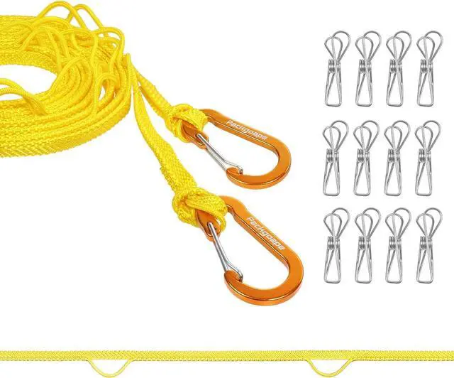 Main image of Portable Travel Clothesline, Windproof Clothes Laundry Line with Clothespins & Hang Holes, Indoor & Outdoor Clothes Drying Rope for Hotel, Backyard,Cruise Ships, Camping (Yellow, 12.5 Ft)