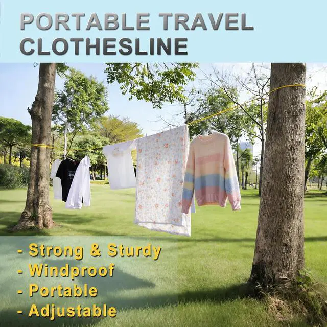 Alt view image 2 of 7 - Portable Travel Clothesline, Windproof Clothes Laundry Line with Clothespins & Hang Holes, Indoor & Outdoor Clothes Drying Rope for Hotel, Backyard,Cruise Ships, Camping (Yellow, 12.5 Ft)