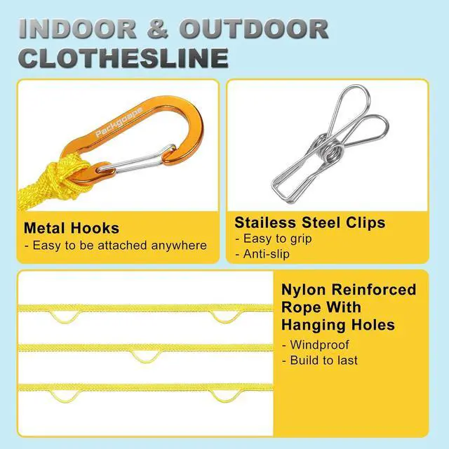 Alt view image 3 of 7 - Portable Travel Clothesline, Windproof Clothes Laundry Line with Clothespins & Hang Holes, Indoor & Outdoor Clothes Drying Rope for Hotel, Backyard,Cruise Ships, Camping (Yellow, 12.5 Ft)
